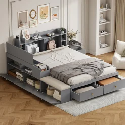 Lit combiné 140x200 cm en bois massif avec tête de lit rangement tiroirs table de chevet armoire et banquette gris>Redom