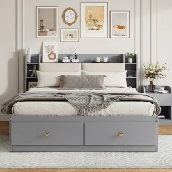 Lit combiné 140x200 cm en bois massif avec tête de lit rangement tiroirs table de chevet armoire et banquette gris><noscript><img width=