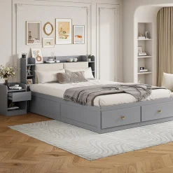 Lit combiné 140x200 cm en bois massif avec tête de lit rangement tiroirs table de chevet armoire et banquette gris><noscript><img width=