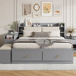 Lit combiné 140x200 cm en bois massif avec tête de lit rangement tiroirs table de chevet armoire et banquette gris><noscript><img width=
