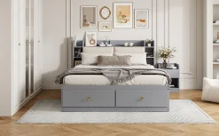Lit combiné 140x200 cm en bois massif avec tête de lit rangement tiroirs table de chevet armoire et banquette gris><noscript><img width=