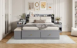 Lit combiné 140x200 cm en bois massif avec tête de lit rangement tiroirs table de chevet armoire et banquette gris><noscript><img width=