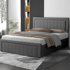 Concept Usine Lit contemporain avec coffre de rangement 140x190cm en velours gris - NASHVILLE* Lit Coffre