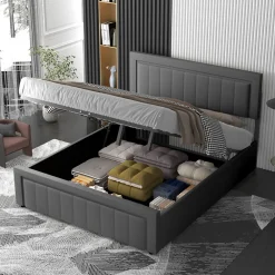 Concept Usine Lit contemporain avec coffre de rangement 140x190cm en velours gris - NASHVILLE* Lit Coffre