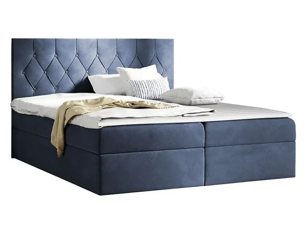 Mobilier1 Lit continental Baltimore 159, Double, Bleu, Tissu, Disponible* Ensemble Sommier Et Matelas