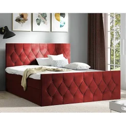 Mobilier1 Lit continental Baltimore 161, Unique, Rouge, Tissu, Disponible* Ensemble Sommier Et Matelas