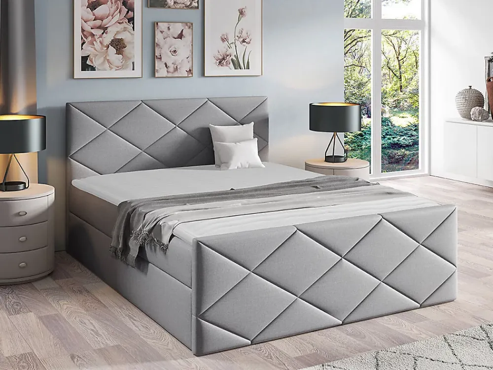Mobilier1 Lit continental Baltimore 155, Double, Gris, Tissu, Disponible* Ensemble Sommier Et Matelas