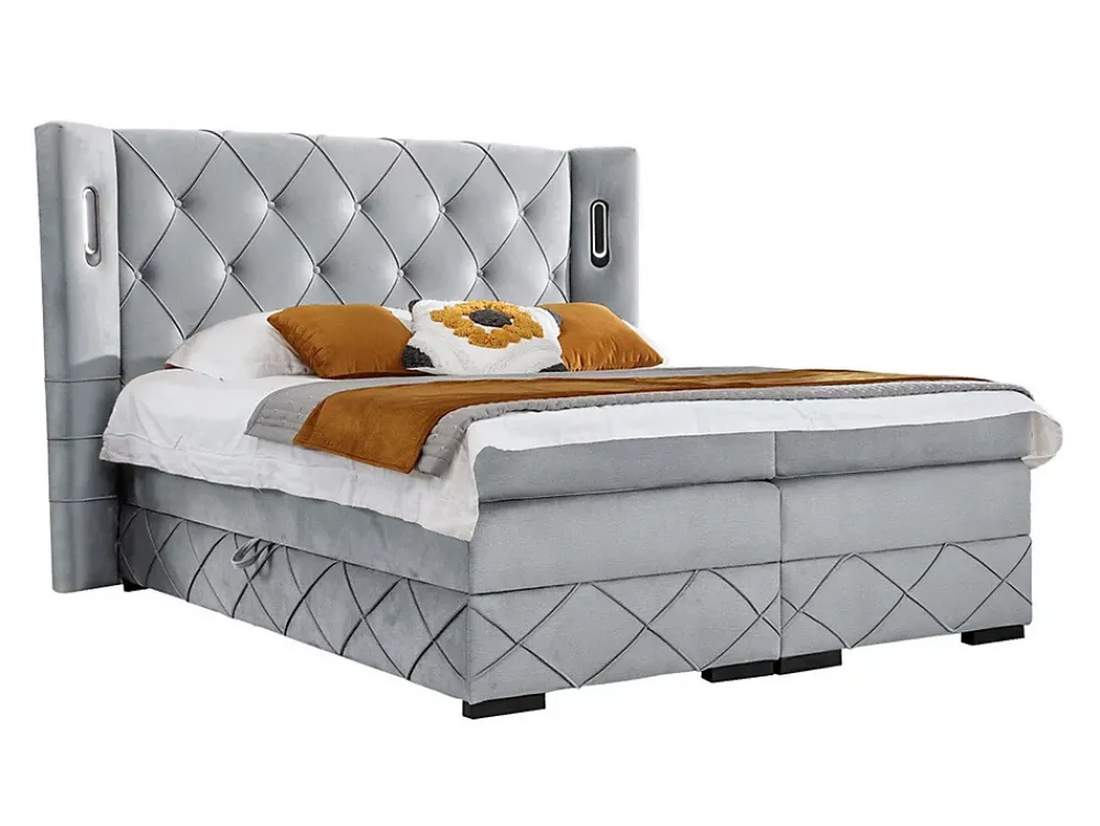 Mobilier1 Lit continental Baltimore 187, Double, Gris, Tissu, Disponible* Ensemble Sommier Et Matelas