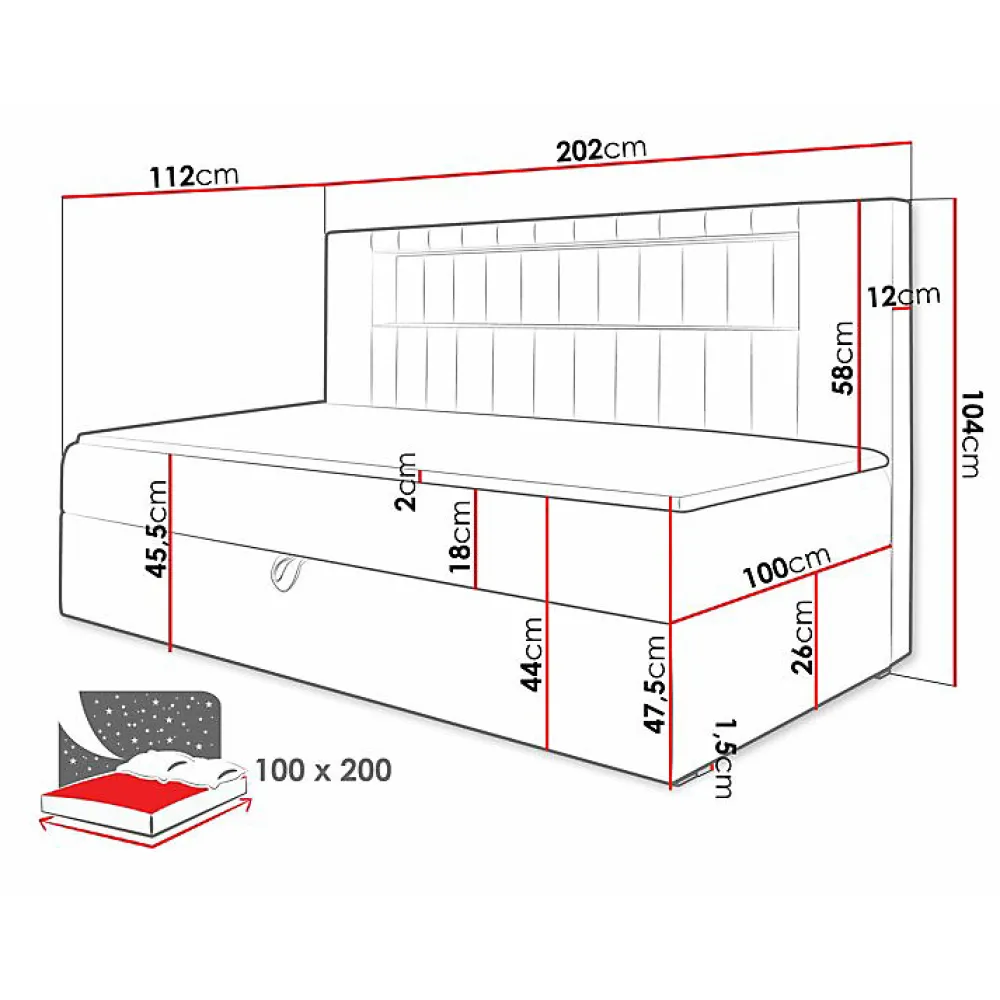 Lit continental Baltimore 168, Unique, Rouge, Faux cuir, Disponible>Mobilier1 Discount