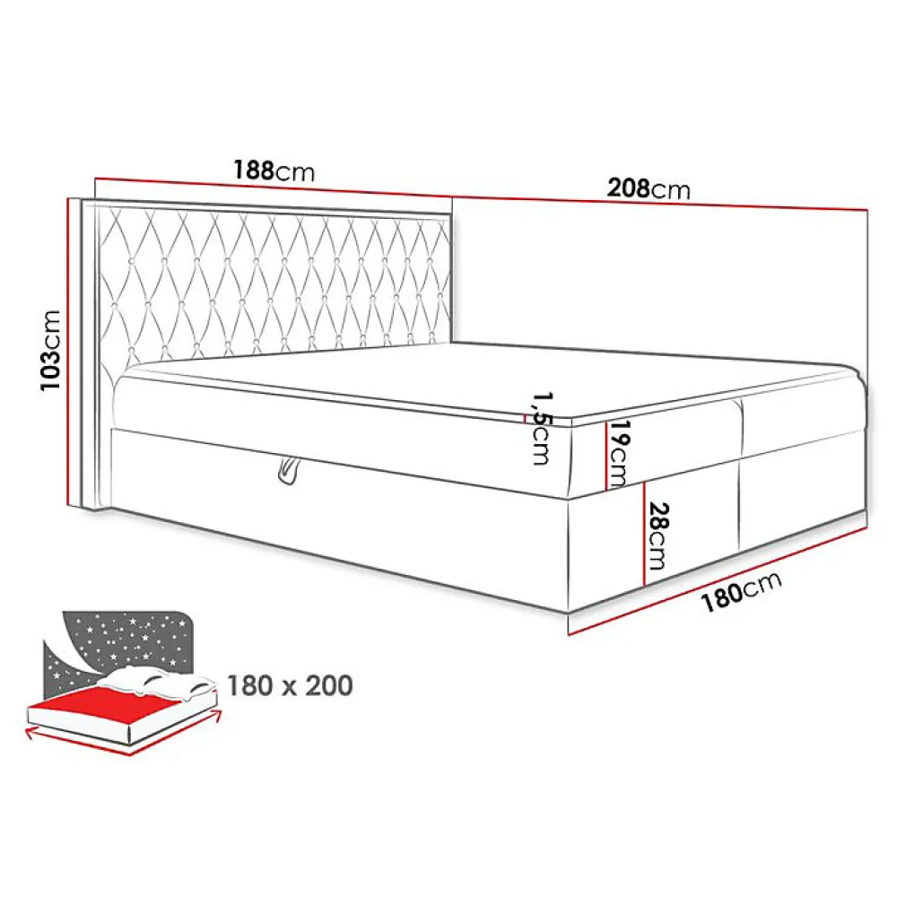Mobilier1 Lit continental Baltimore 190, Double, Noir, Tissu, Disponible* Ensemble Sommier Et Matelas
