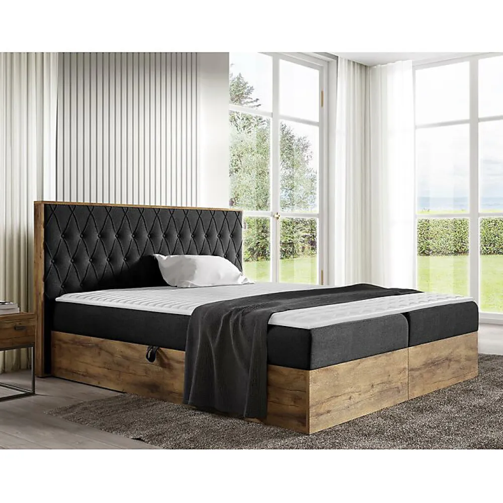Mobilier1 Lit continental Baltimore 190, Double, Noir, Tissu, Disponible* Ensemble Sommier Et Matelas
