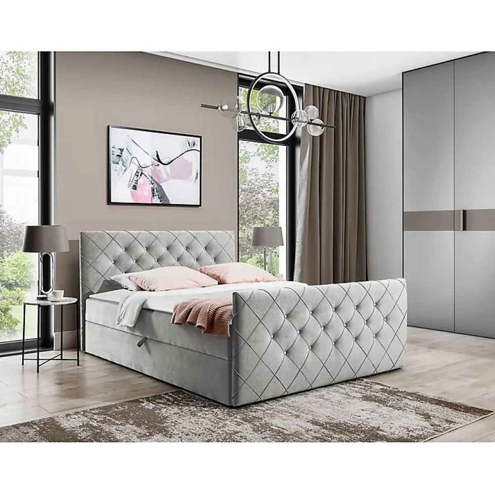 Mobilier1 Lit continental Baltimore 158, Double, Gris, Tissu, Disponible* Ensemble Sommier Et Matelas