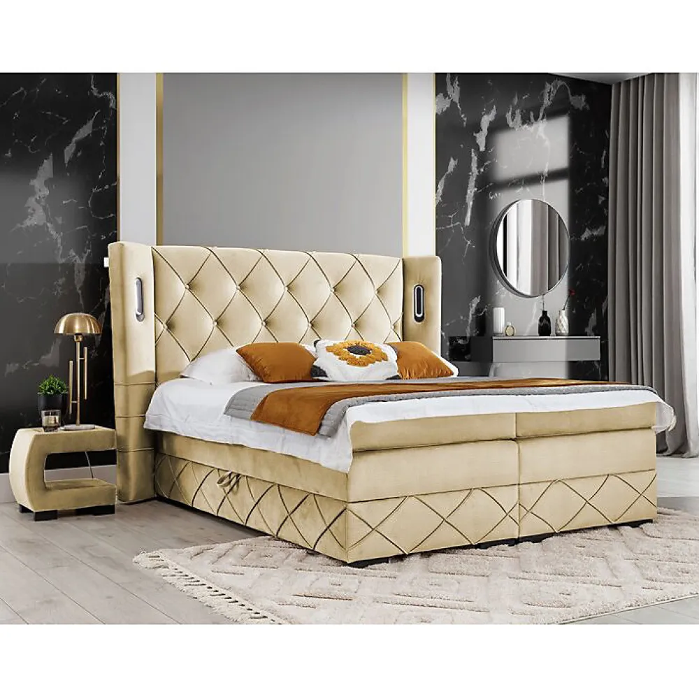 Lit continental Baltimore 187, Unique, Brun clair, Tissu, Disponible>Mobilier1 Online