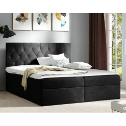 Mobilier1 Lit continental Baltimore 159, Double, Noir, Tissu, Disponible* Ensemble Sommier Et Matelas