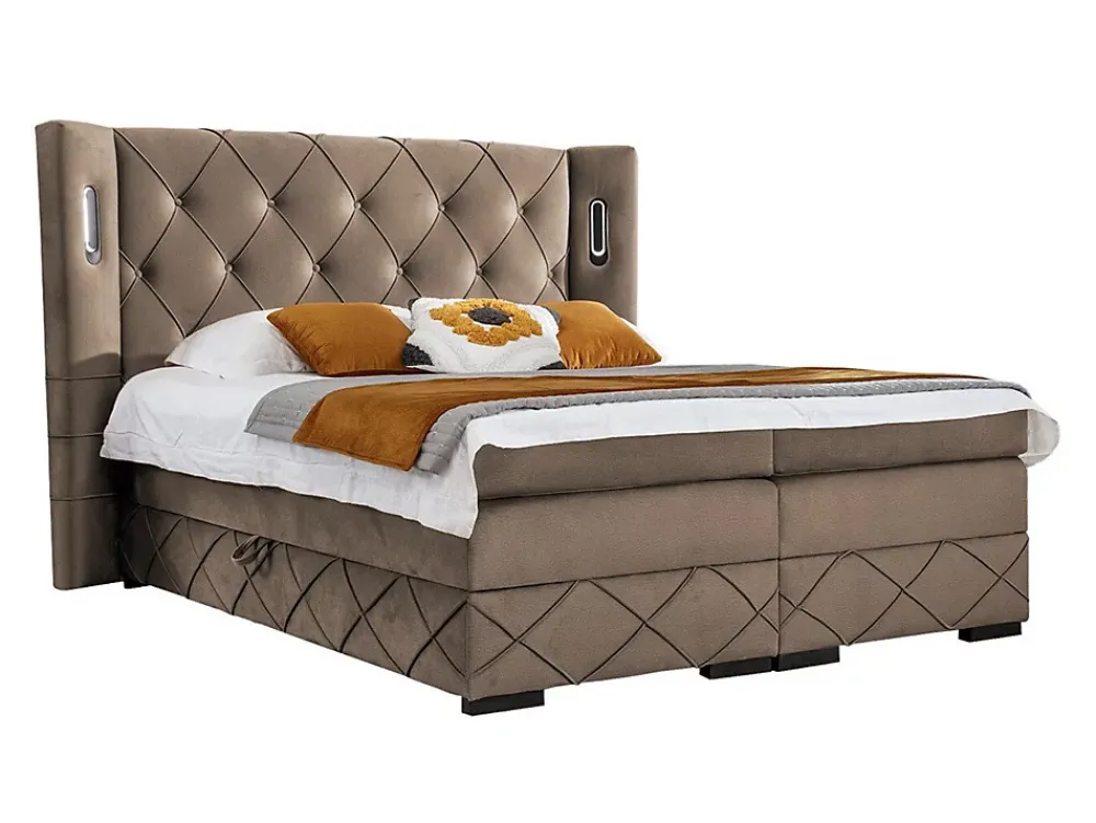 Mobilier1 Lit continental Baltimore 187, Unique, Marron, Tissu, Disponible* Ensemble Sommier Et Matelas