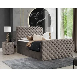 Mobilier1 Lit continental Baltimore 186, Unique, Brun clair, Tissu, Disponible* Ensemble Sommier Et Matelas