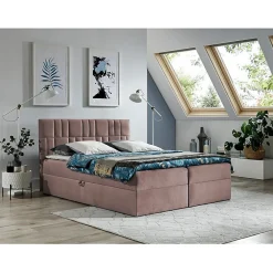 Mobilier1 Lit continental Baltimore 143, Double, Rose, Tissu, Disponible* Ensemble Sommier Et Matelas