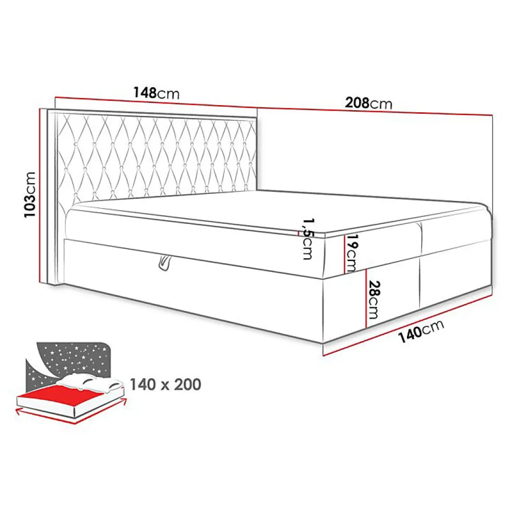 Lit continental Baltimore 190, Double, Gris, Tissu, Disponible>Mobilier1