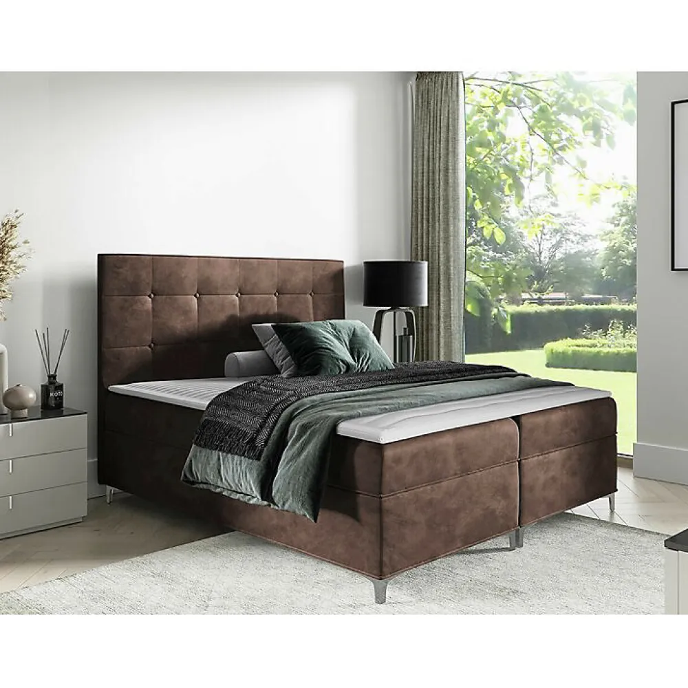 Mobilier1 Lit continental Baltimore 185, Double, Marron, Tissu, Disponible* Ensemble Sommier Et Matelas