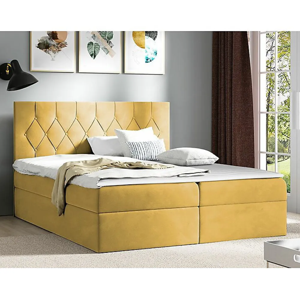 Mobilier1 Lit continental Baltimore 159, Double, Jaune, Tissu, Disponible* Ensemble Sommier Et Matelas