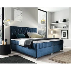 Mobilier1 Lit continental Baltimore 175, Double, Bleu, Tissu, Disponible* Ensemble Sommier Et Matelas