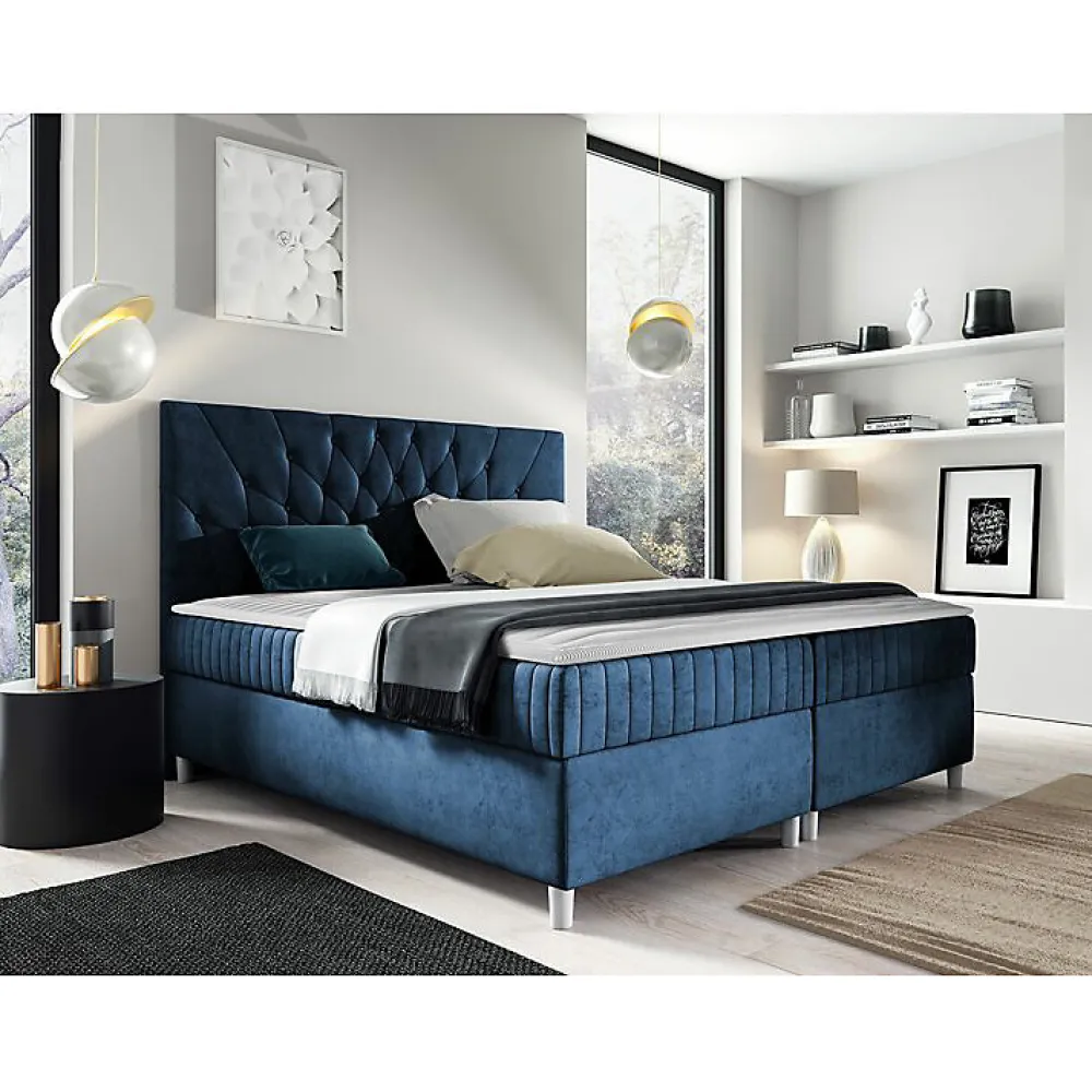Mobilier1 Lit continental Baltimore 175, Double, Bleu, Tissu, Disponible* Ensemble Sommier Et Matelas