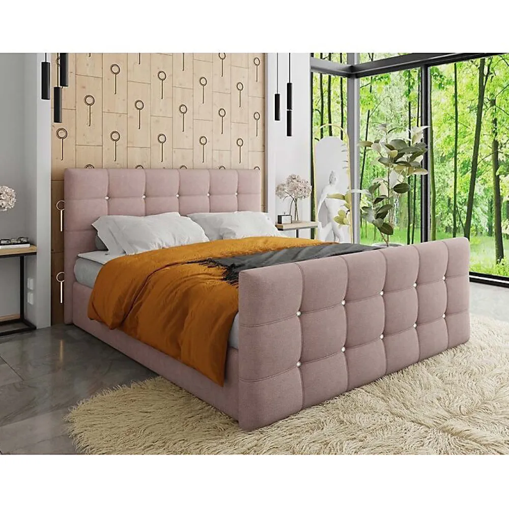 Mobilier1 Lit continental Memphis 113, Double, Rose, Tissu, Disponible* Ensemble Sommier Et Matelas