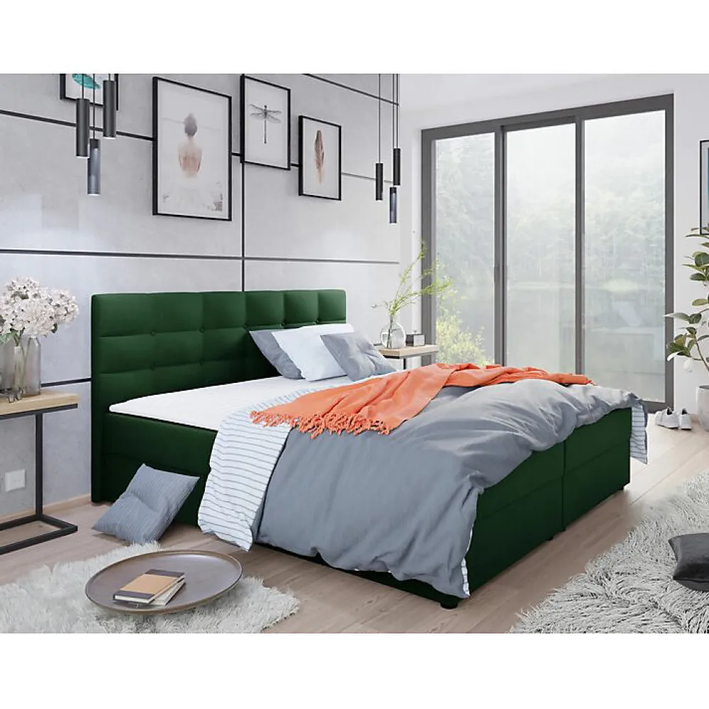 Mobilier1 Lit continental Memphis 114, Double, Vert, Tissu, Disponible* Ensemble Sommier Et Matelas