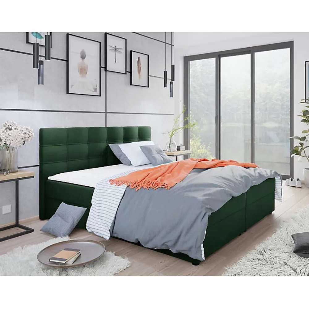 Mobilier1 Lit continental Memphis 115, Double, Vert, Tissu, Disponible* Ensemble Sommier Et Matelas