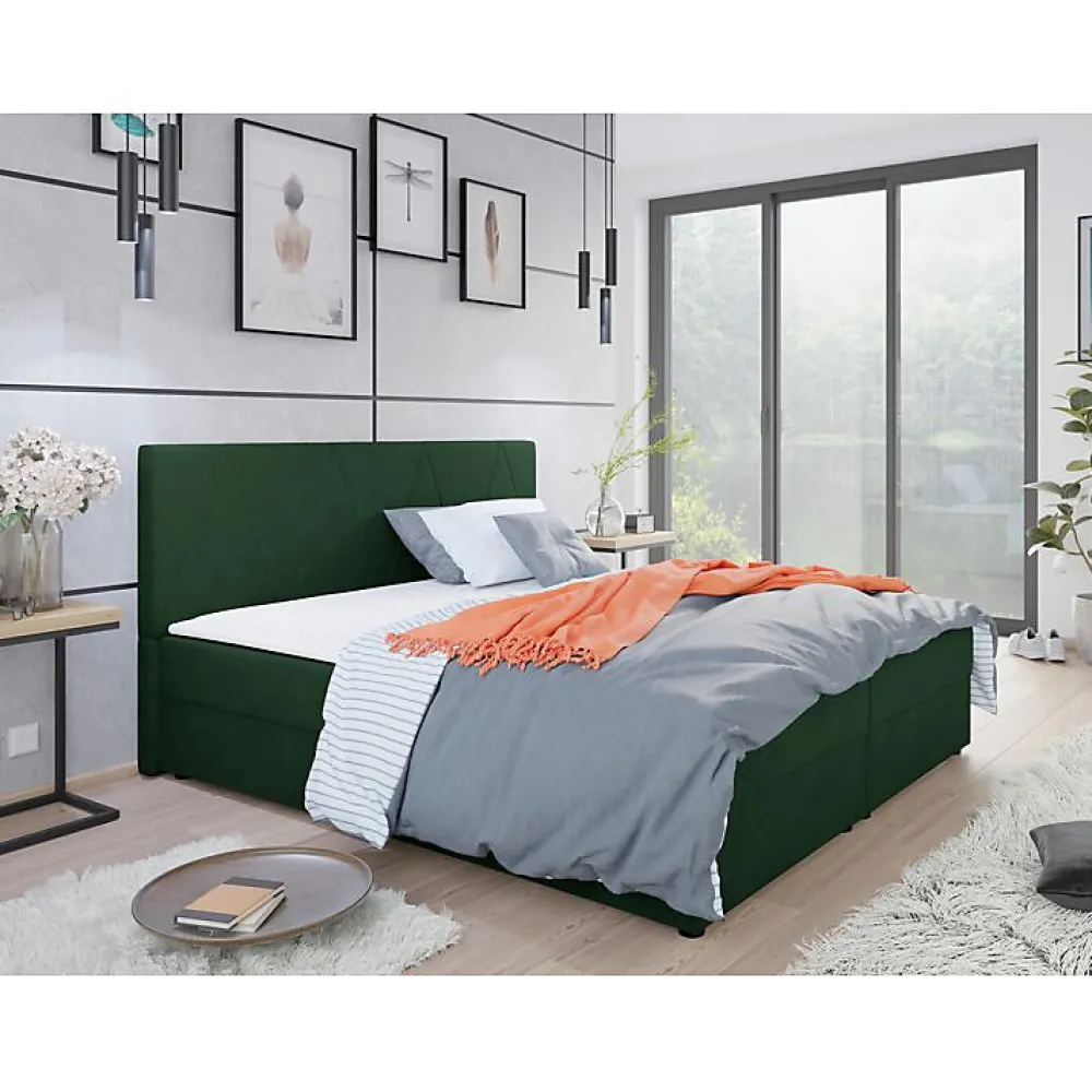 Mobilier1 Lit continental Memphis 116, Double, Vert, Tissu, Disponible* Ensemble Sommier Et Matelas