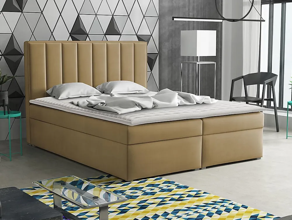 Mobilier1 Lit continental Pomona 116, Double, Brun clair, Tissu, Disponible* Ensemble Sommier Et Matelas
