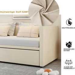 ProximaX Lit convertible 90/180x200 cm, canapé avec roulettes, sommier à lattes, tissu velours beige* Lit Coffre