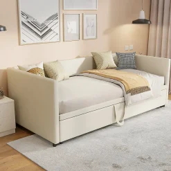 ProximaX Lit convertible 90/180x200 cm, canapé avec roulettes, sommier à lattes, tissu velours beige* Lit Coffre