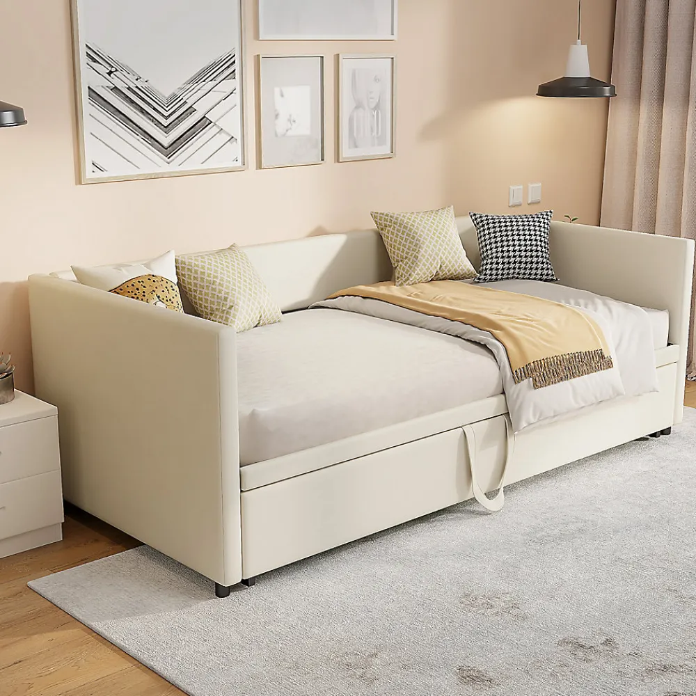 ProximaX Lit convertible 90/180x200 cm, canapé avec roulettes, sommier à lattes, tissu velours beige* Lit Coffre
