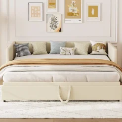 ProximaX Lit convertible 90/180x200 cm, canapé avec roulettes, sommier à lattes, tissu velours beige* Lit Coffre