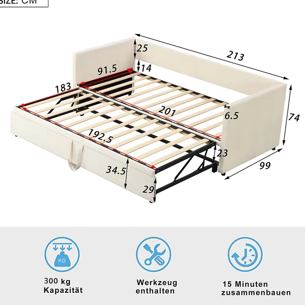 ProximaX Lit convertible 90/180x200 cm, canapé avec roulettes, sommier à lattes, tissu velours beige* Lit Coffre