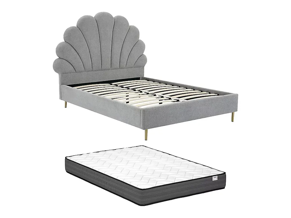 Vente-unique Lit coquillage 160 x 200 cm - Tissu - Gris clair + Matelas - LIVAYA* Lit Double