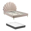 Lit coquillage 140 x 190 cm - Velours - Beige + Matelas - LIVAYA>Vente-unique Discount