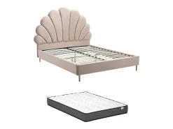 Lit coquillage 140 x 190 cm - Velours - Beige + Matelas - LIVAYA><noscript><img width=