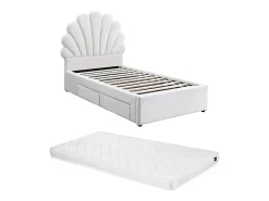 Vente-unique Lit coquillage 90 x 190 cm avec 2 tiroirs - Velours - Blanc + Matelas - MOANA* Lit Avec Rangement