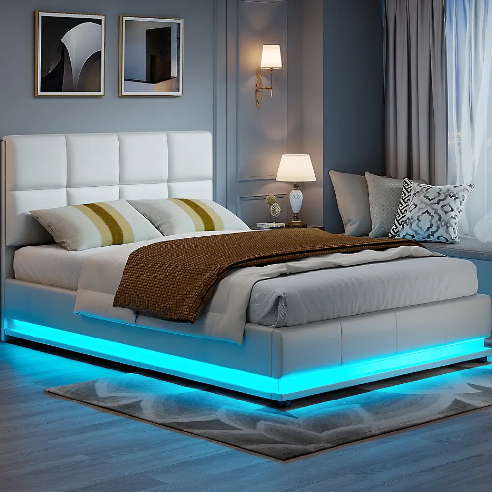 Lit d'ameublement 140x190 cm avec éclairage LED, cadre à lattes et tête de lit réglable, cuir synthétique, sans matelas, blanc>Fortuna lai Hot