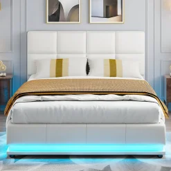 Lit d'ameublement 140x190 cm avec éclairage LED, cadre à lattes et tête de lit réglable, cuir synthétique, sans matelas, blanc><noscript><img width=