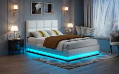 Lit d'ameublement 140x190 cm avec éclairage LED, cadre à lattes et tête de lit réglable, cuir synthétique, sans matelas, blanc><noscript><img width=
