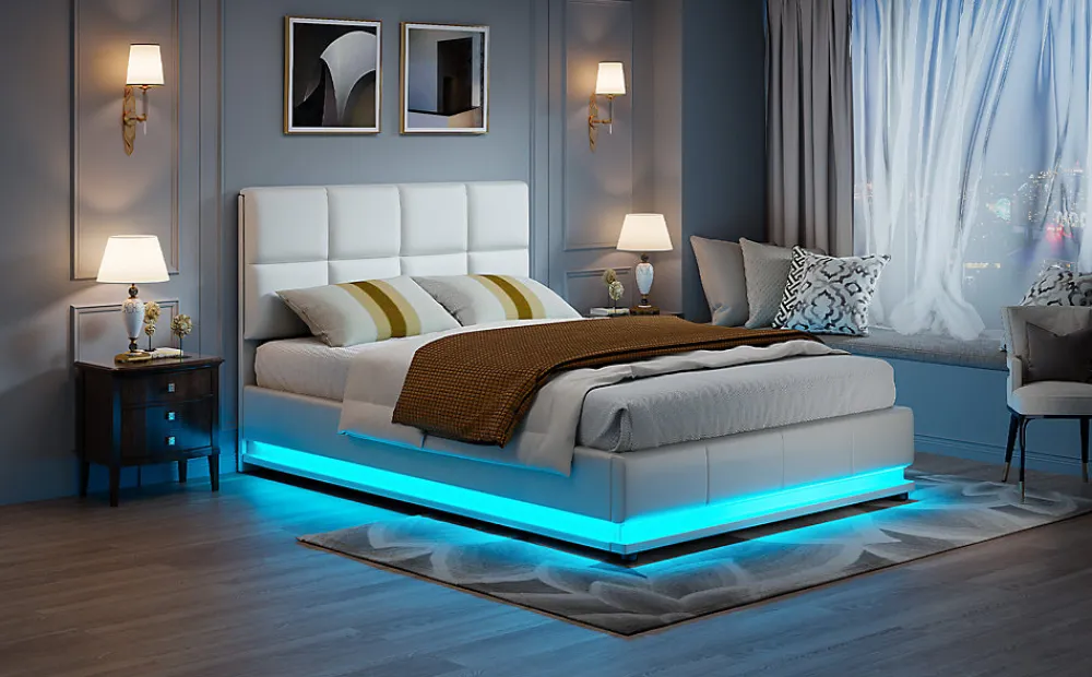 Lit d'ameublement 140x190 cm avec éclairage LED, cadre à lattes et tête de lit réglable, cuir synthétique, sans matelas, blanc>Fortuna lai Hot