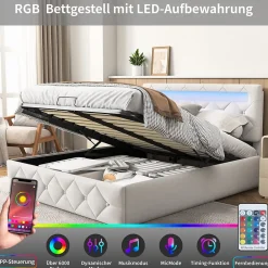 Fortuna lai Lit d'ameublement 140x200, lit double LED avec espace de stockage et cadre à latte,sans matelas,abricot* Lit Coffre