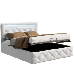 Fortuna lai Lit d'ameublement 140x200, lit double LED avec espace de stockage et cadre à latte,sans matelas,abricot* Lit Coffre