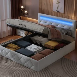 Fortuna lai Lit d'ameublement 140x200, lit double LED avec espace de stockage et cadre à latte,sans matelas,abricot* Lit Coffre