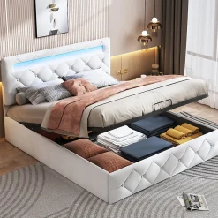 Fortuna lai Lit d'ameublement 140x200, lit double LED avec espace de stockage et cadre à latte,sans matelas,abricot* Lit Coffre