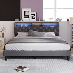 Okwish Lit Déco 140 x 200 Cm - Lit Double Capitonné avec Tête de Lit Coffre - Bois Massif et Lin - Sans Matelas - Gris* Lit Double