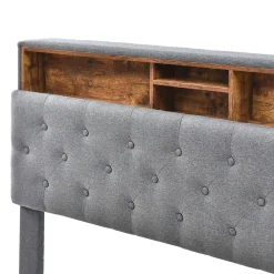 Okwish Lit Déco 140 x 200 Cm - Lit Double Capitonné avec Tête de Lit Coffre - Bois Massif et Lin - Sans Matelas - Gris* Lit Double